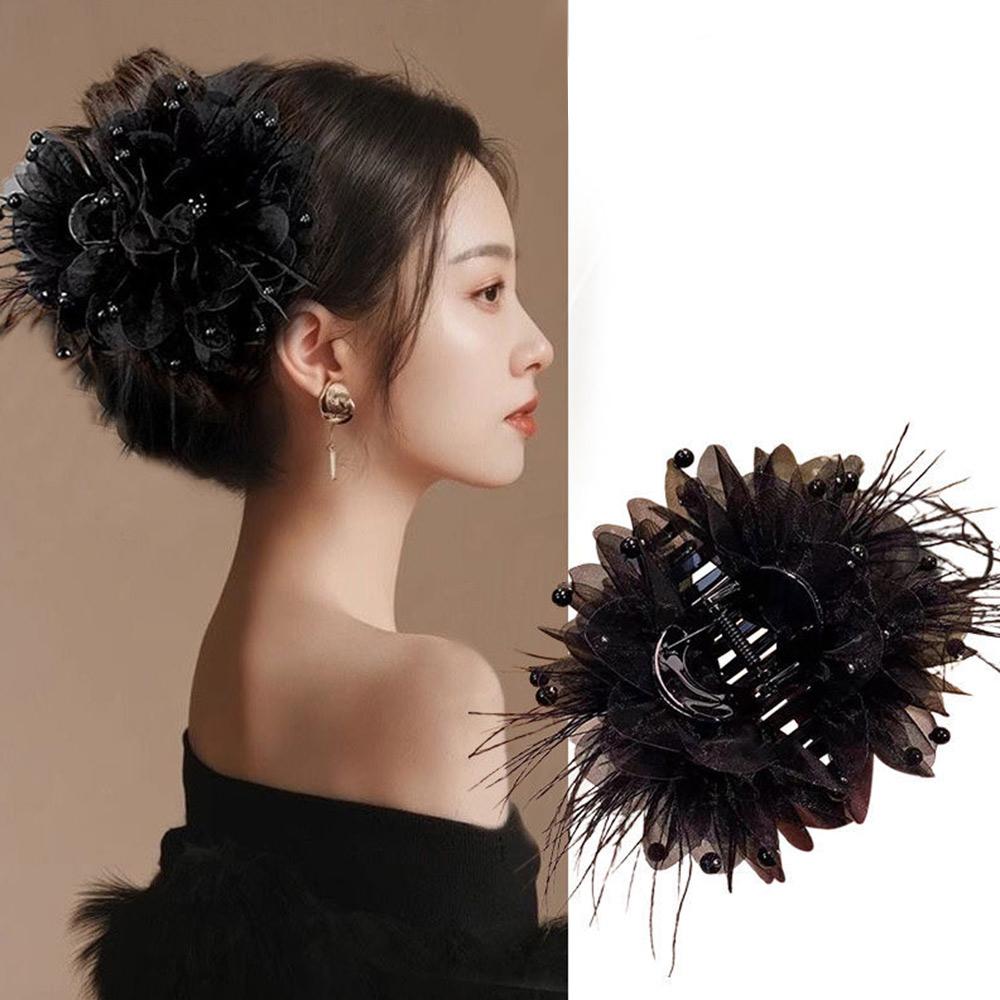 Peony Flower Grasping Clip Feather Ladies Headwear Vintage Hair Claw Clips for Women