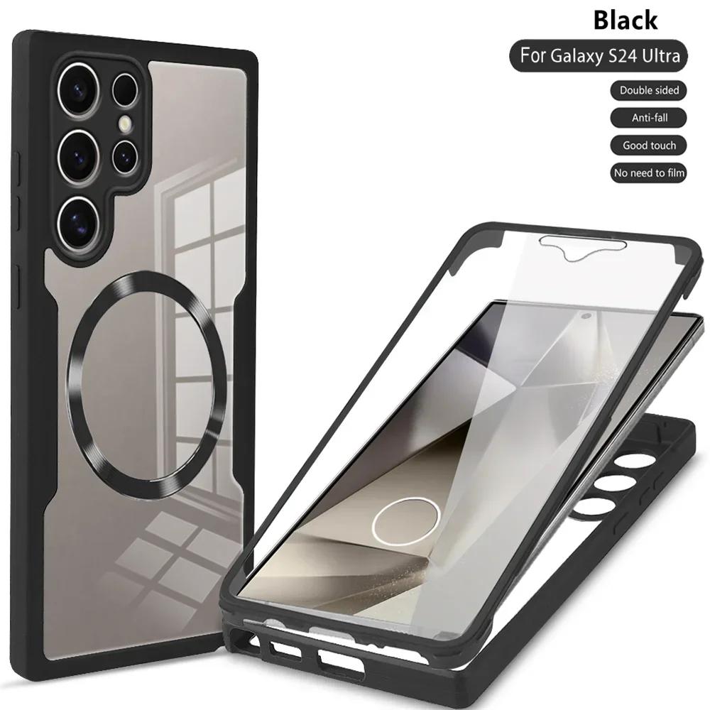 Противоударный чехол Magsafe на 360° для Samsung Galaxy S25 S24 S23 S22 S21 Ultra Plus FE Беспроводная зарядка Прозрачная крышка