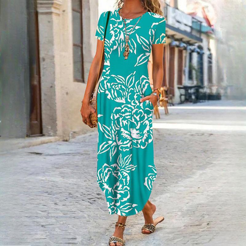 QICED Женская мода лето весна однотонный принт с коротким рукавом и круглым вырезом с высокой талией повседневные платья