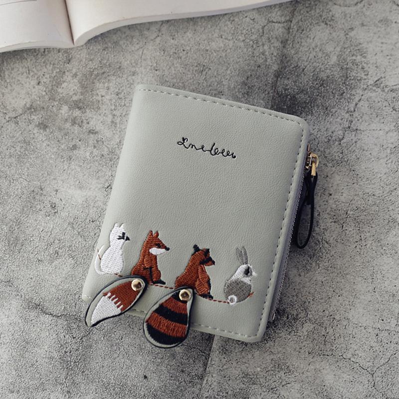New Leather Wallet Women's Cartoon Cat Cute Fox Raccoon Short Wallets Girl's Credit Card Holder Hasp Zipper Coin Purse