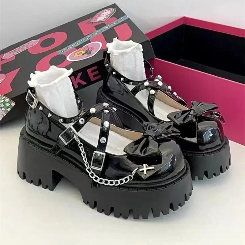 Fashion Shoes for Women 2024 Ankle-wrap Women's High Heels Platform Pumps Bow Tie Rivet Chain Square Heel Buckle Strap Ladies Shoes