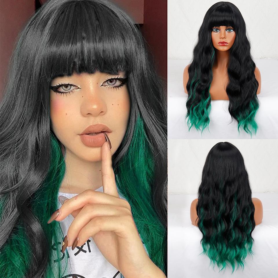 XINRAN Женский длинный волнистый парик с челкой, синтетическое волокно, естественная волна воды, черный длинный парик для повседневной носки, косплей