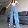 Unisex Meilade American Cargo Pants Spring Loose Straight HighWaist WideLeg AnkleCropped Trousers