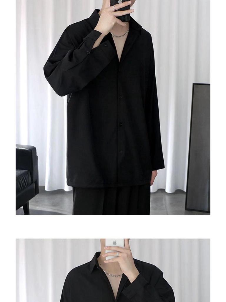 Men's Black Loose-Fit Long Sleeve Shirt - Trendy Spring/Summer/Autumn Casual Wear with Ice Silk Comfort
