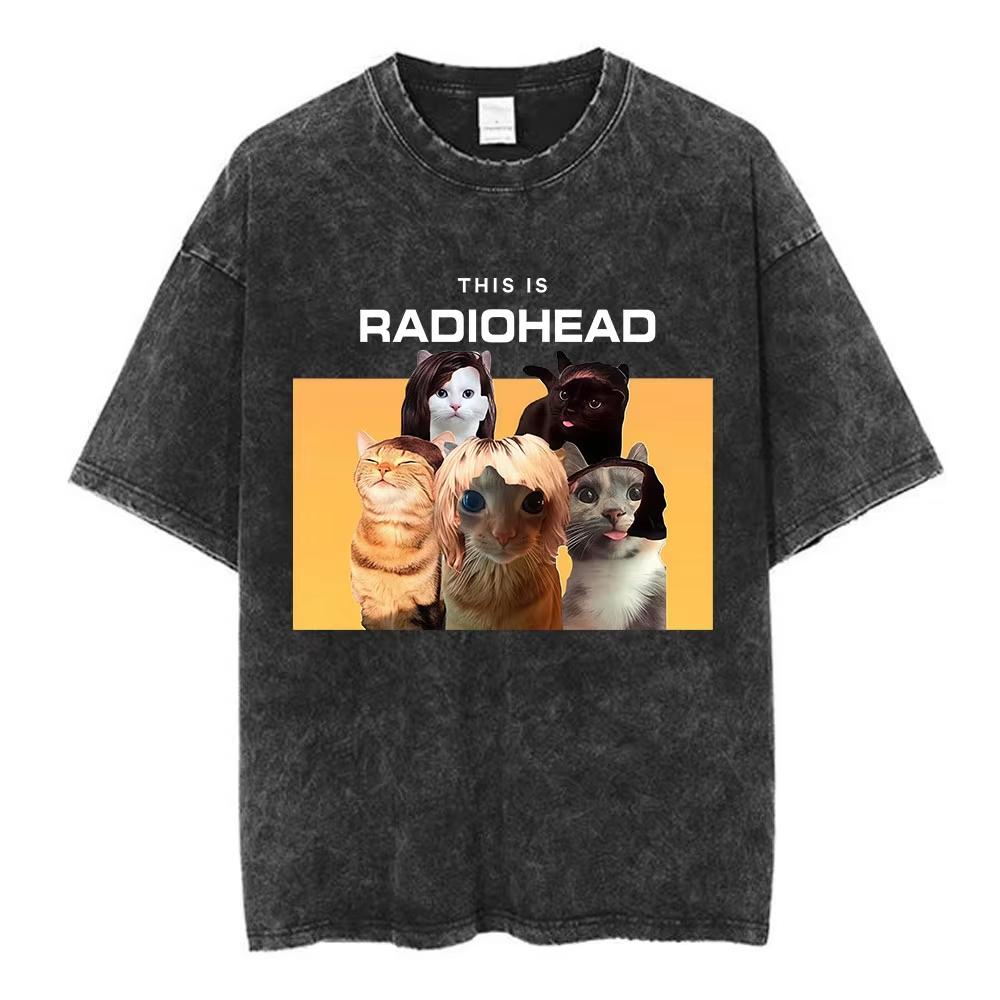 Rock Band Radiohead The Bend Забавная Кошка Винтажные Стираные Футболки Мужские Женские Мода Хип-Хоп Футболки Хлопок Мужская Футболка Уличная Одежда