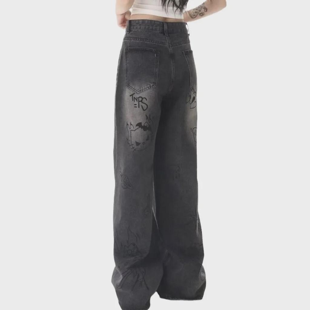 Женские свободные широкие джинсы с рисунком в стиле граффити - осень/зима в стиле ретро в уличном стиле