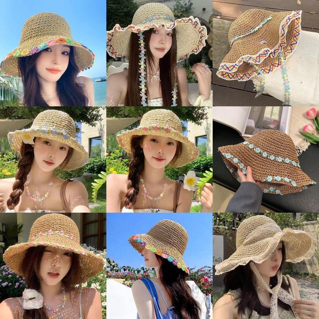 Floral Pattern Wide Brim Straw Hat With Adjustable Fit For Summer Outdoor Wear