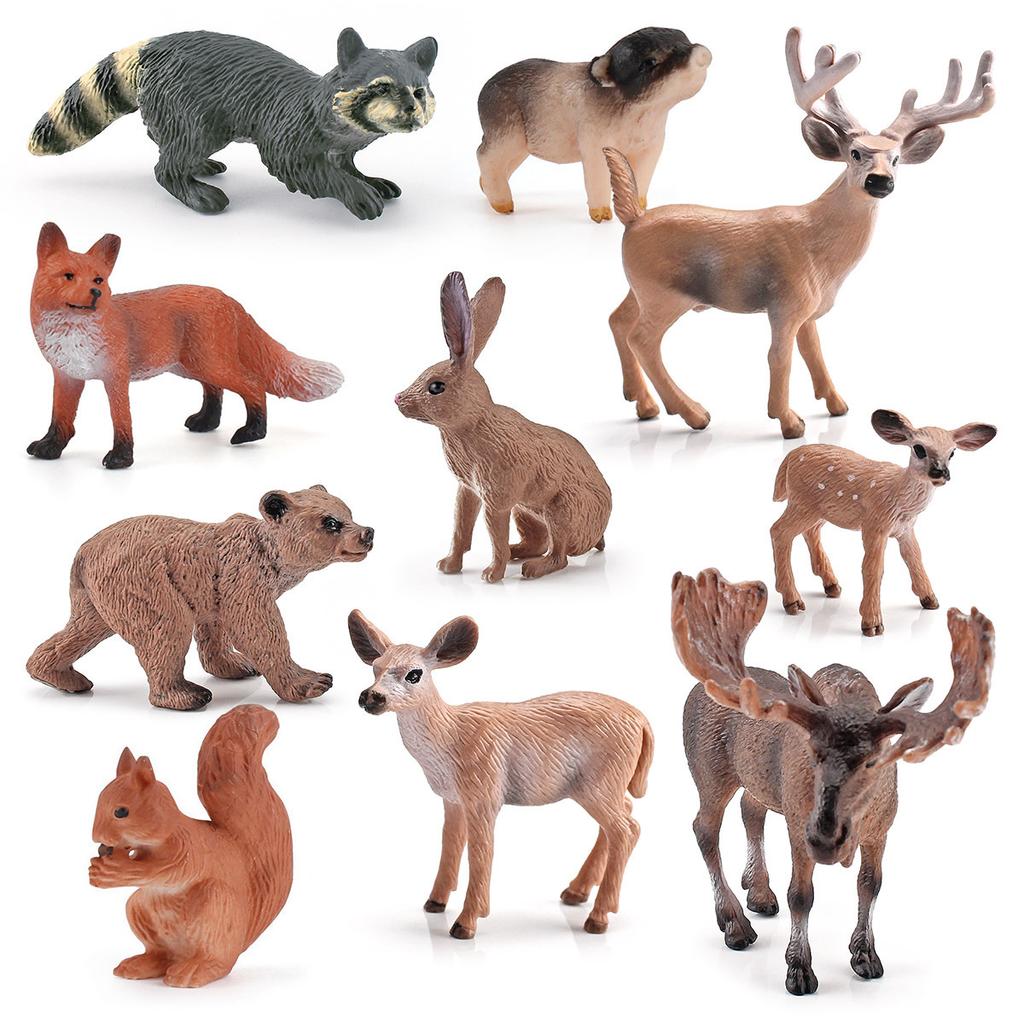 10Pcs Forest Animal Static Ornament Simulation Male Moose Raccoon White Tail Deer Brown Bear Red Fox Rabbit Model