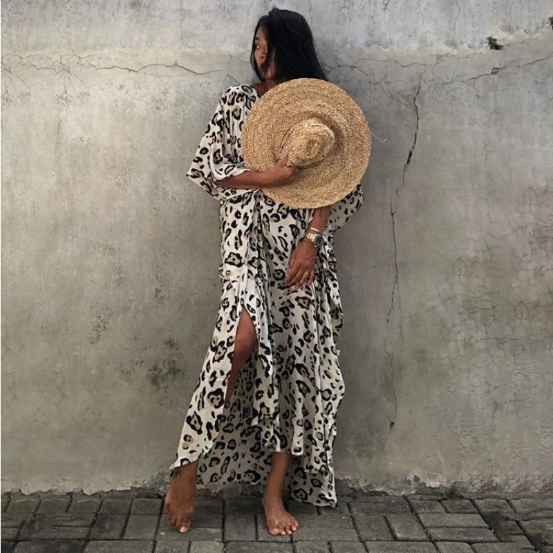 Women Plus Size Leopard Print Polka Dot Beach Cover Up Loose Long Dress Swimsuit Cover Up