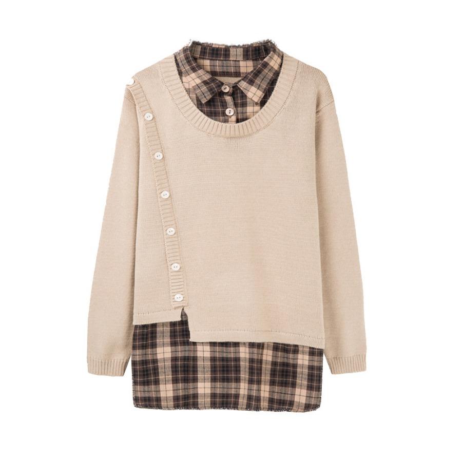 Fake Two Piece Women's Pullover Tops Solid Lapel Long Sleeve Shirt Knitted Sweater Fashion Buttons Loose Base Sweater