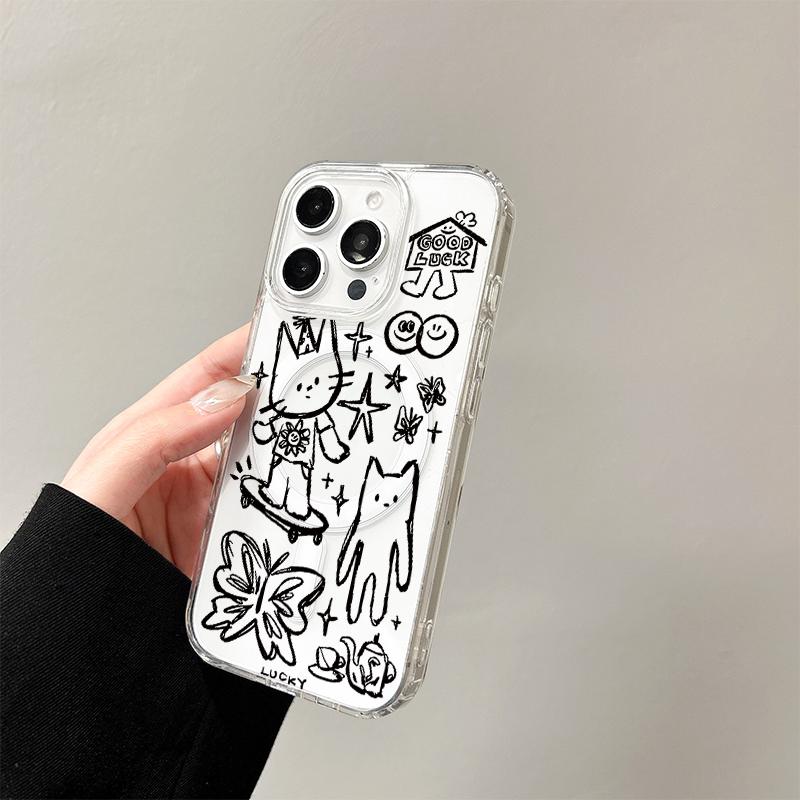 Крутой чехол-зарядка с граффити-котом для iPhone 17 Air 16 E 15 14 Plus 13 12 Mini 11 Pro Max Прозрачный силиконовый чехол с бортиком