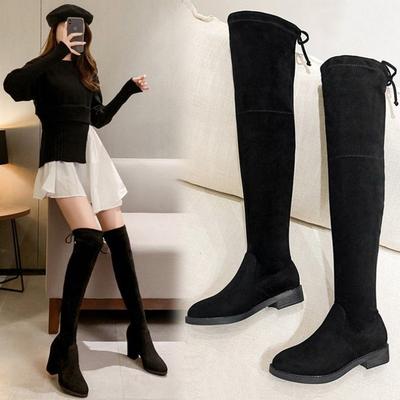 Зимние бархатные ботфорты новые маленькие эластичные тонкие сапоги толстый каблук длинные сапоги высокие сапоги женские