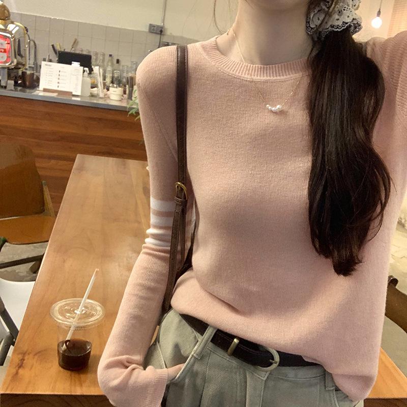 Korean College-Style Women's Striped Wool Knit Long Sleeve Top – Early Autumn Slim Fit