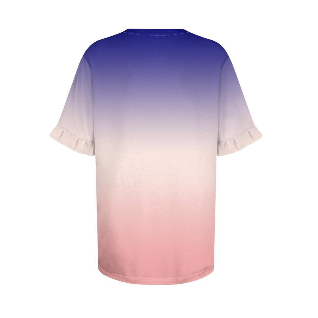 Женская летняя футболка с коротким рукавом и рюшами с принтом и круглым вырезом