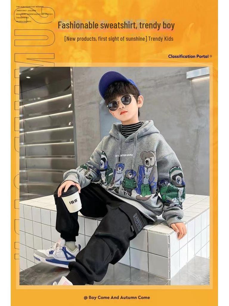2024 Новая плюшевая толстовка с капюшоном для мальчиков: Плотная, стильная и теплая для детей среднего и крупного размера — идеально подходит для осенних и зимних видов спорта.
