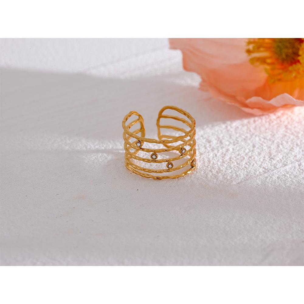 Yhpup Chic Layered Stainless Steel Finger CZ Wide Ring Stylish 18K Gold Color French Charms Jewelry Waterproof Women Wholesale