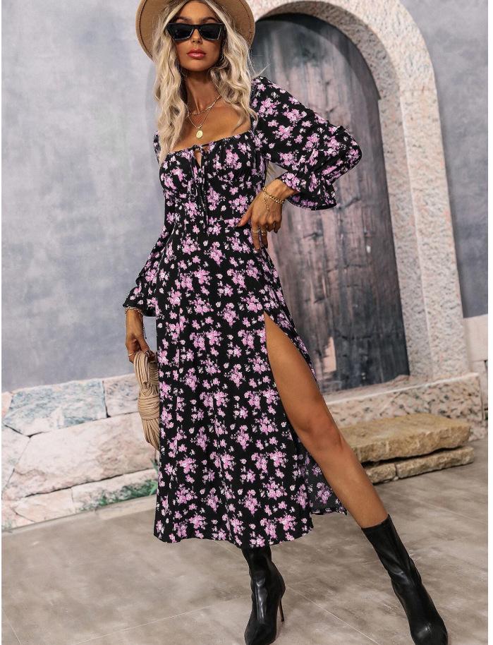 2025 Spring & Autumn European-American Bohemian Backless Print Long Sleeve Dress