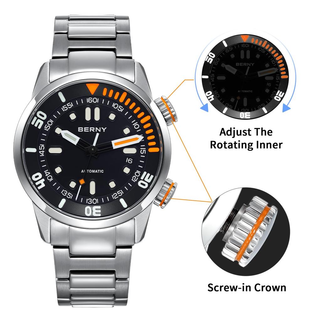 BERNY Watch Мужские механические часы с ручным заводом Автоматические часы для дайвинга на глубине 200 м Наручные часы Твердость HV600 Сапфировое стекло Прочная нержавеющая сталь
