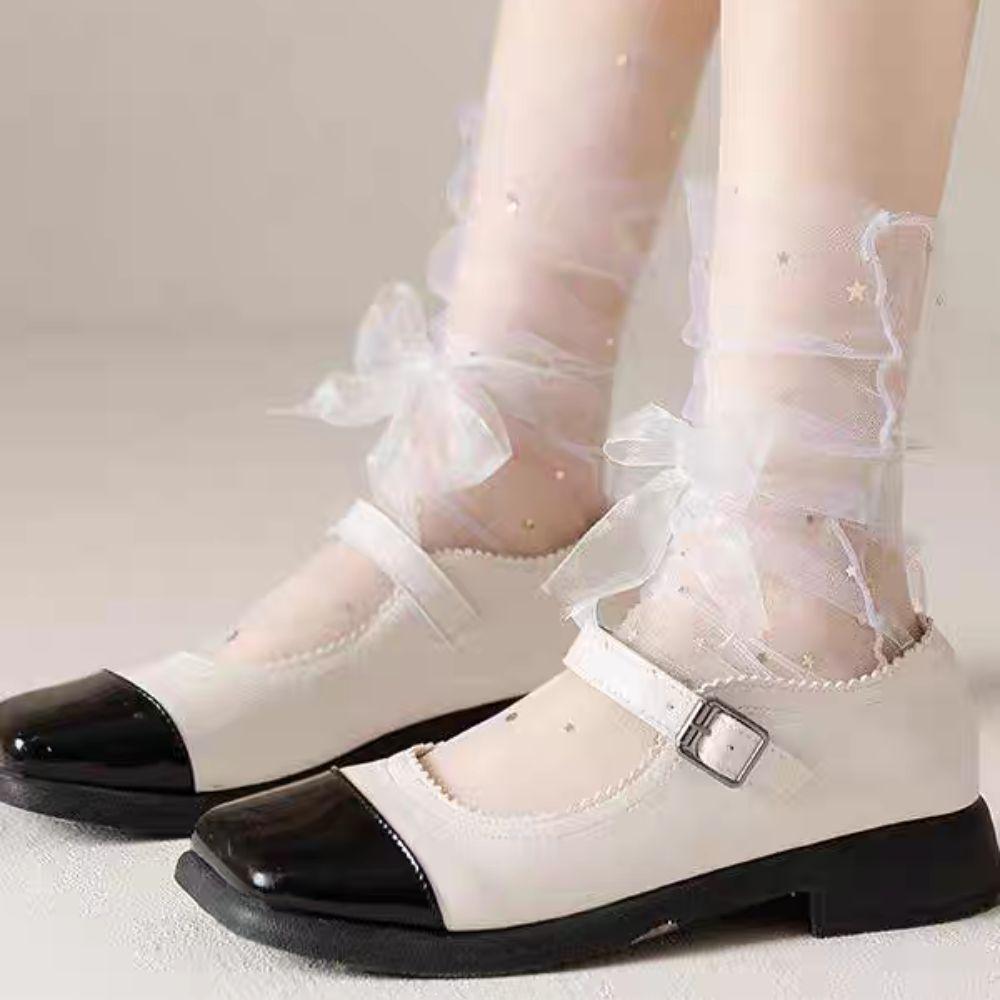 5Pairs Star Moon Tulle Shiny Socks Mid-calf Mesh Tube Socks Women Cute Transparent Bow Socks Girl