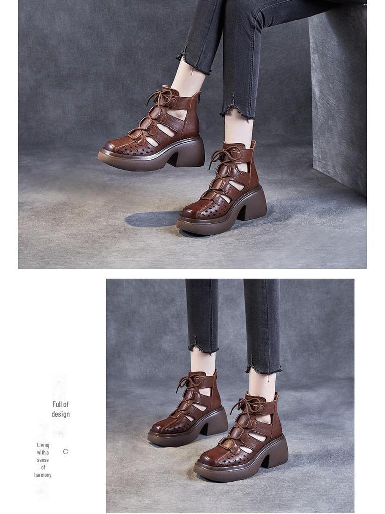 Женские ретро-римские сандалии из коровьей кожи: Коллекция лета 2024 г. — толстая подошва, ажурный дизайн, сетчатый стиль сапог