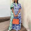 Women Oversized Short Sleeve Patchwork Geometric Print Casual Long Maxi Dress