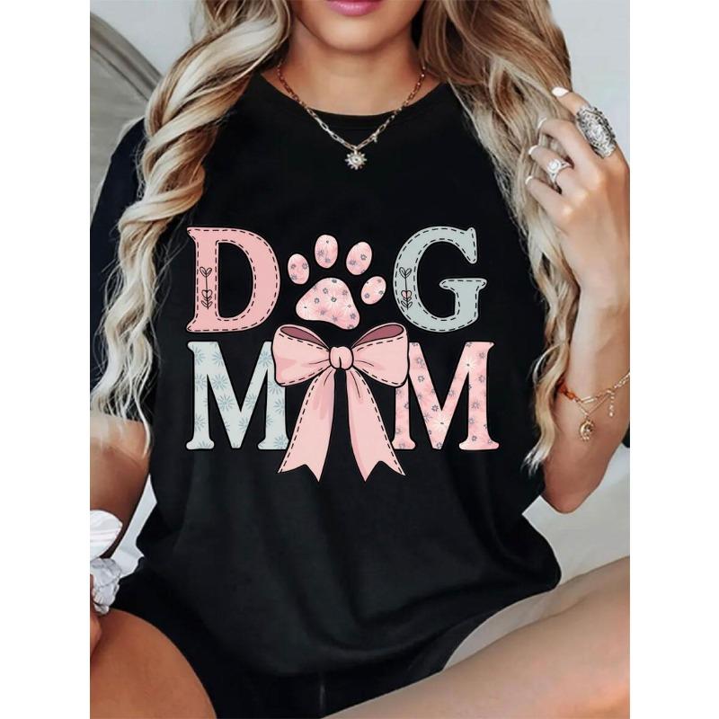 Women's Dog Mom T-shirt with Paw Prints and Pink Bow- Casual Short-sleeved Crew Neck Shirt, Mother's Day Gift for Dog Lovers,