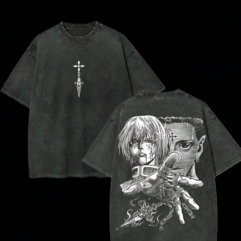 Full Time Hunter Anime Print Suitable for Both Men and Women, Vintage Vintage Cotton Washed T-shirt, Harajuku Men's Top