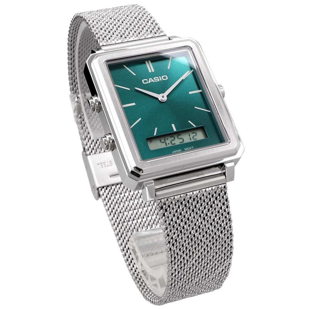 Casio Стандартные прямоугольные часы для лица, сетчатый ремешок из нержавеющей стали, сине-зеленый, зарубежная модель [Casio] аналогово-цифровые мужские MTP-B205M-3E [Товар]