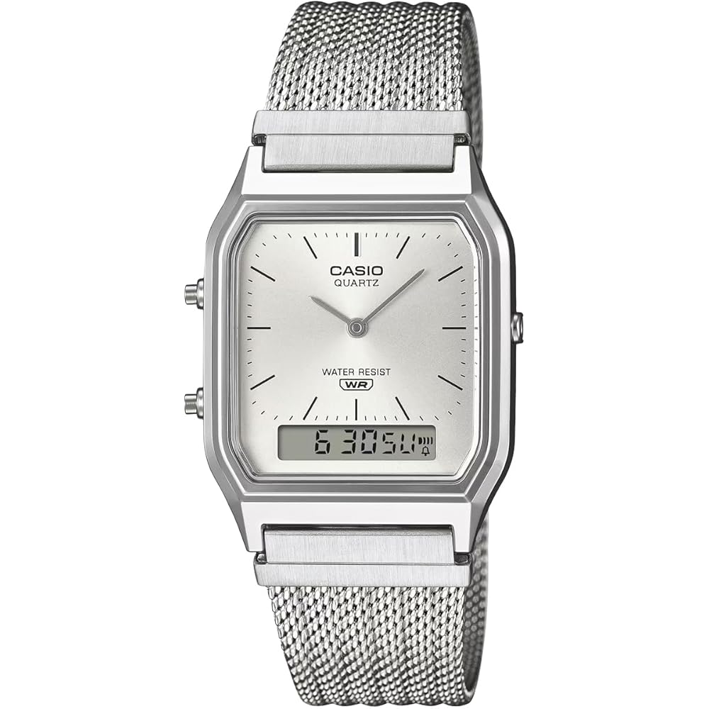 Casio Ana-Digi Quartz Vintage Series Watch AQ-230EM-7A Dual Time Mesh Metal Band Unisex Silver