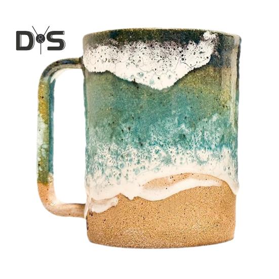 Paw Print Ocean Shoreline Mug Ceramic Coffee Cup Handmade Waves Pattern Tea Mug 11oz/15oz Sea Foam Claw Drinking Mug Beach Souvenir Gift