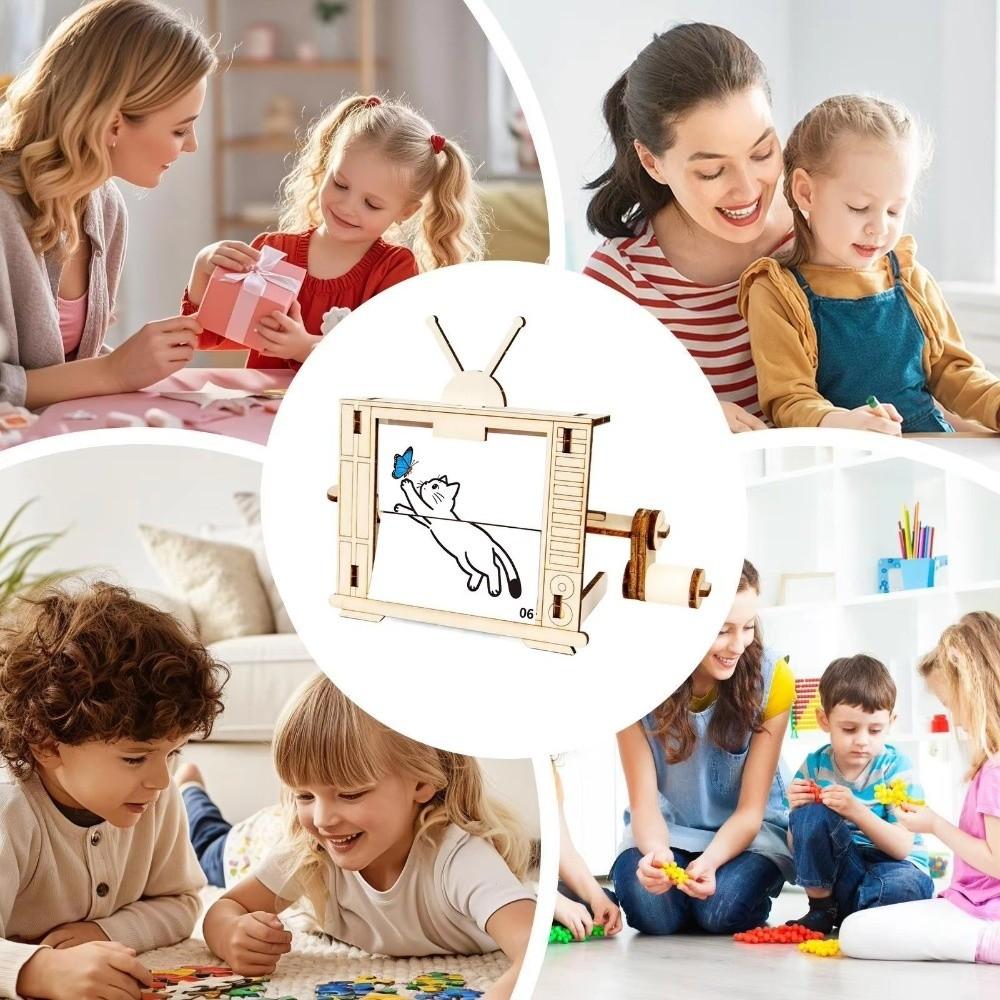 Educational STEM Science Toy Wooden DIY Assembly Toy Hand Cranked Animation Machine For Children