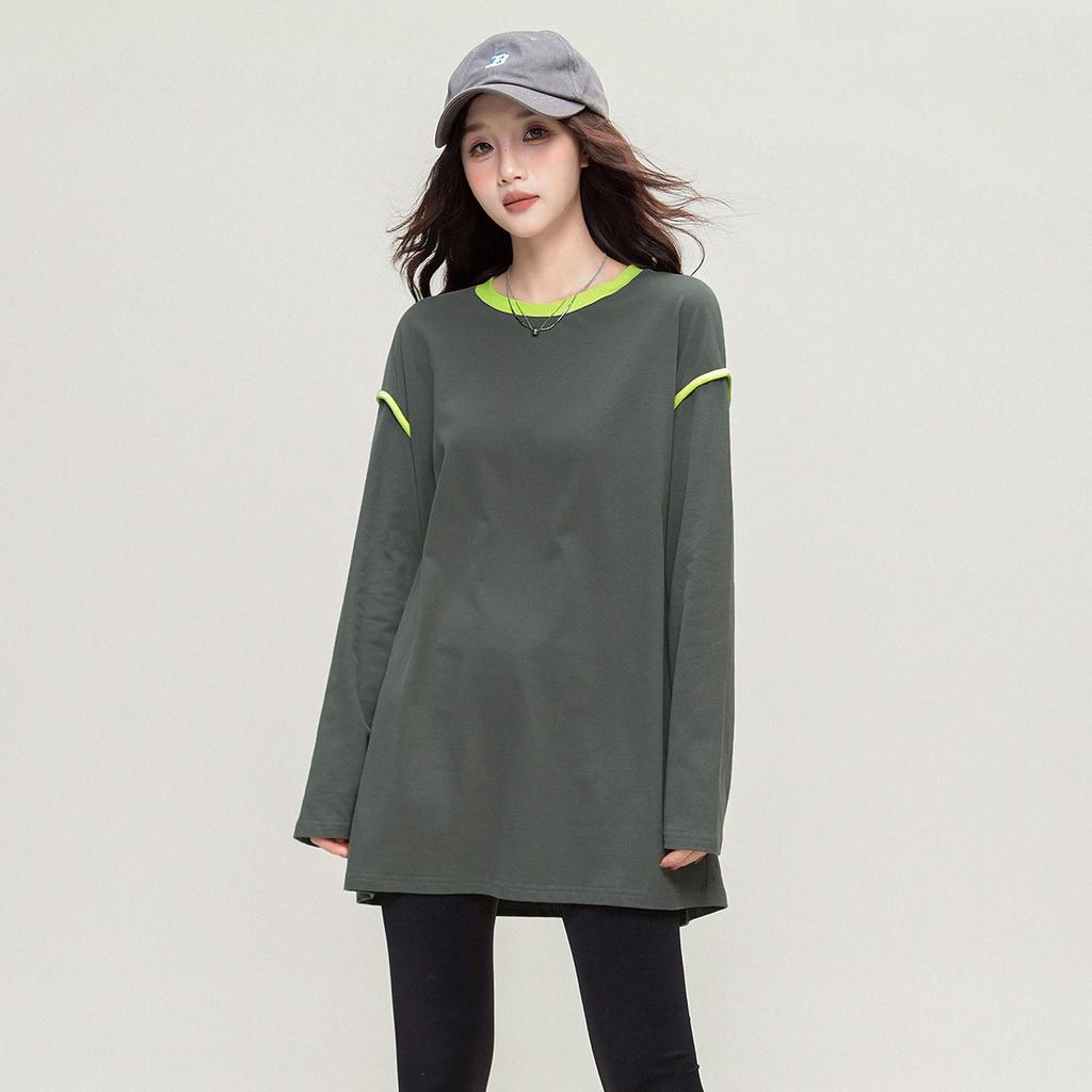 Spring and Autumn Knitted Color blocked Longsleeved T-shirt for Women