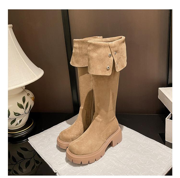 White knee boots 2024 new folded two wear thick heel velvet boots women's tall knight boots