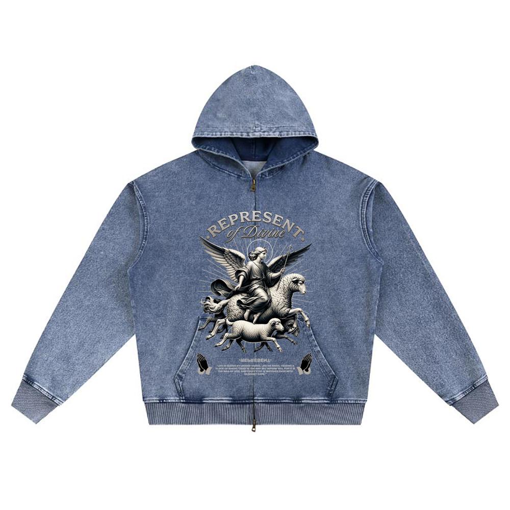 DTG Print Knitted Denim Zip-Up Hoodie Represent Divine Brother Print Zipper Hoodies