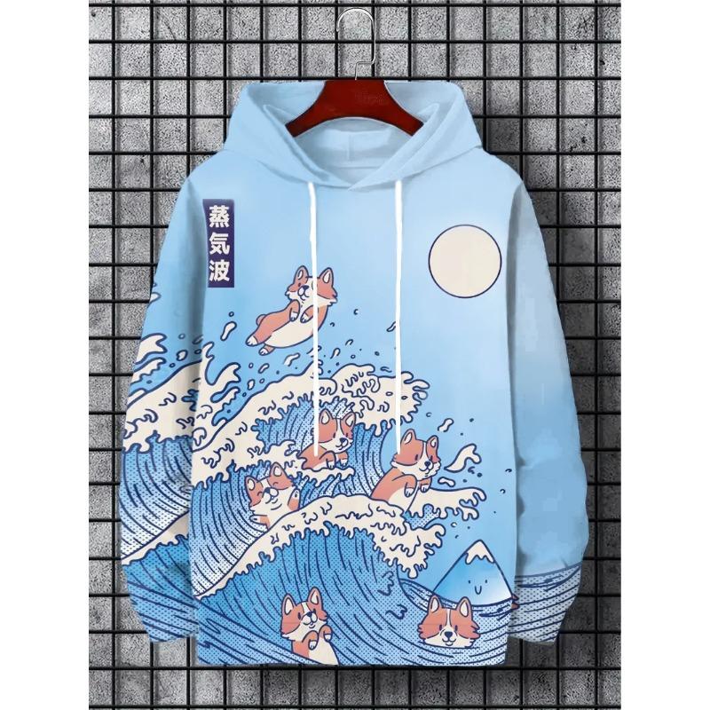 Interesting Design Ukiyoe Harajuku Fashion Men's Hoodie Casual Y2k Hoodie Men's Autumn and Winter Wave Pattern Sports Hoodie