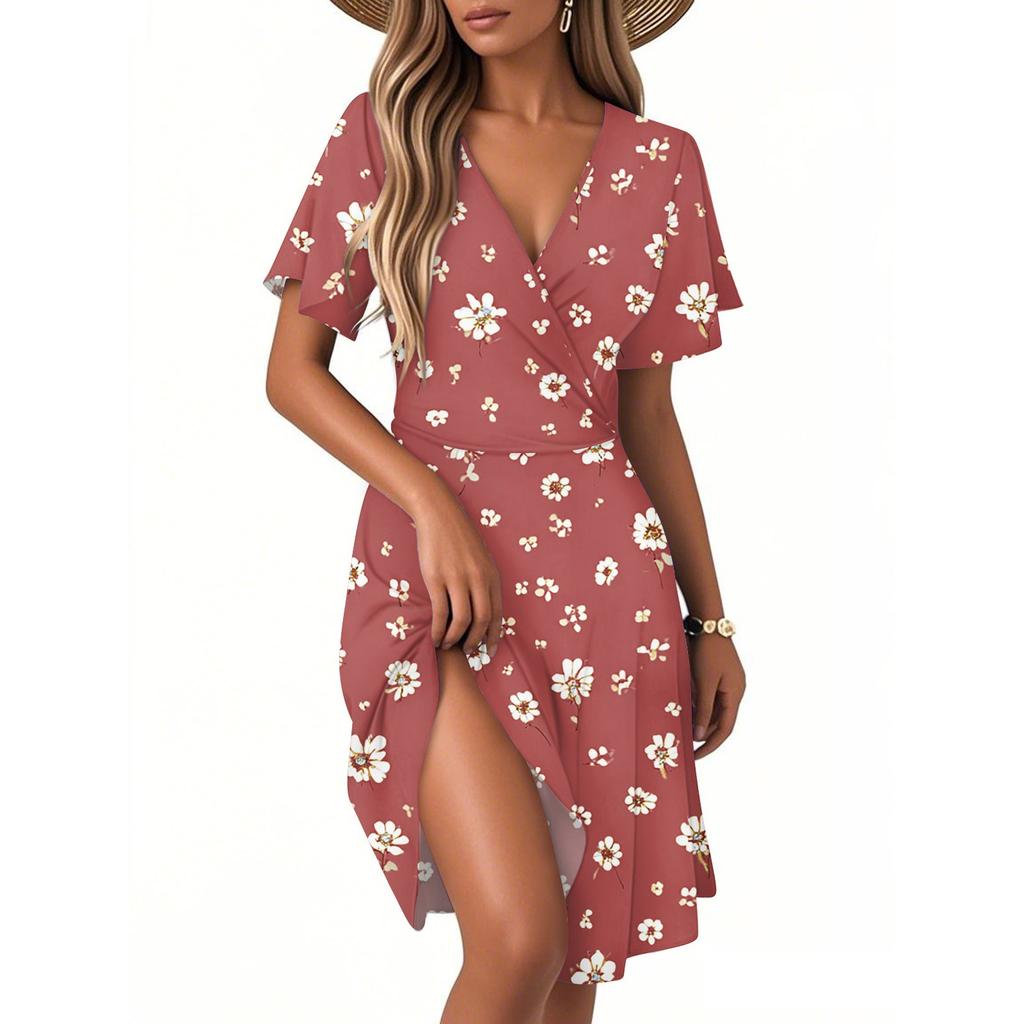 Women's Fashion Short Sleeve Wrap Sundress V-Neck Floral Print Dresses