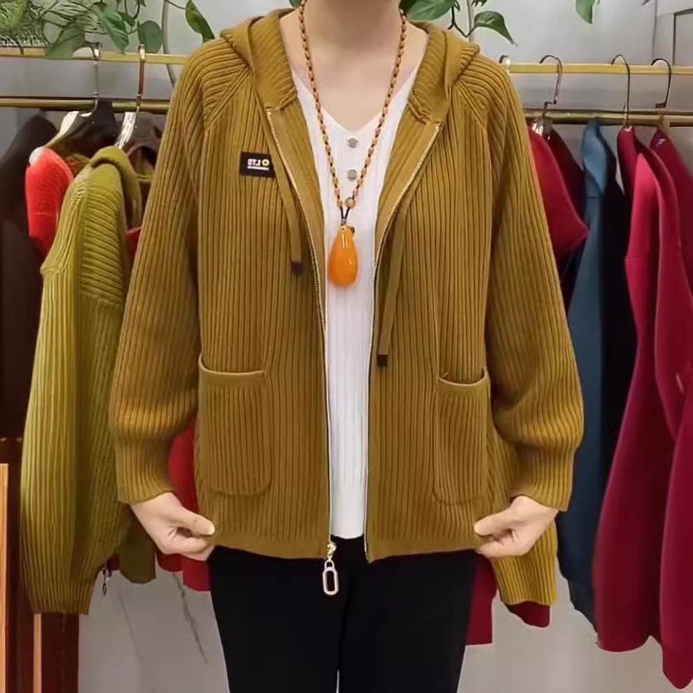 Осенне-зимний вязаный топ с капюшоном на молнии, свитер, кардиган, куртка для женщин среднего и пожилого возраста, для мам