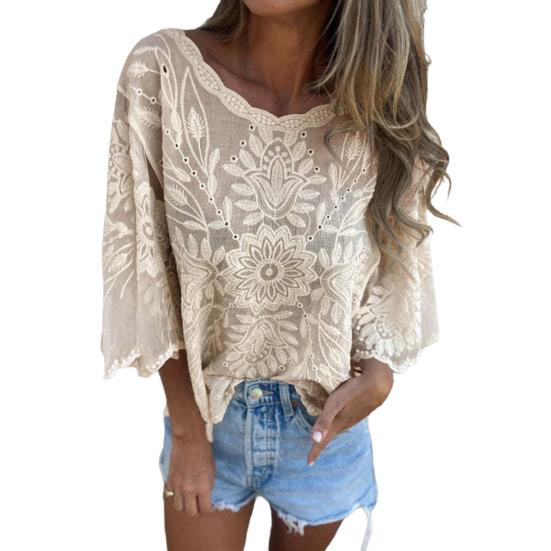Женские топы с круглым вырезом и рукавами 3/4, свободная посадка, украшенная кружевом, повседневная рубашка, однотонные дышащие нестандартные топы