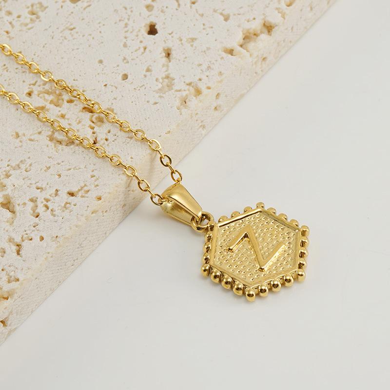 New Fashion Titanium Steel Hexagonal Letter Pendant Stainless Steel 26 English Letter Necklace Female