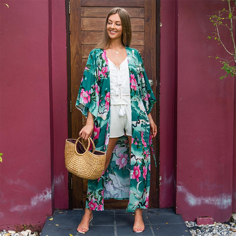 2022 зеленое хлопковое бикини с принтом в стиле бохо, туника с длинными рукавами, длинное платье, повседневное женское пляжное платье больших размеров, фартук Q734