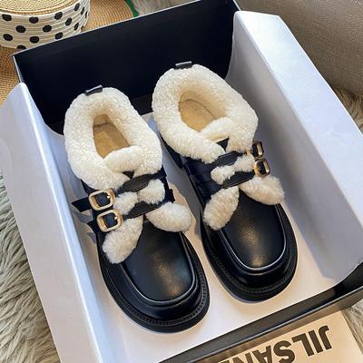 Модные высококачественные туфли из кожи с мехом ягненка на плоской подошве, женские зимние мокасины с двойной пряжкой, меховые кроссовки, женские меховые броги, большой размер 42