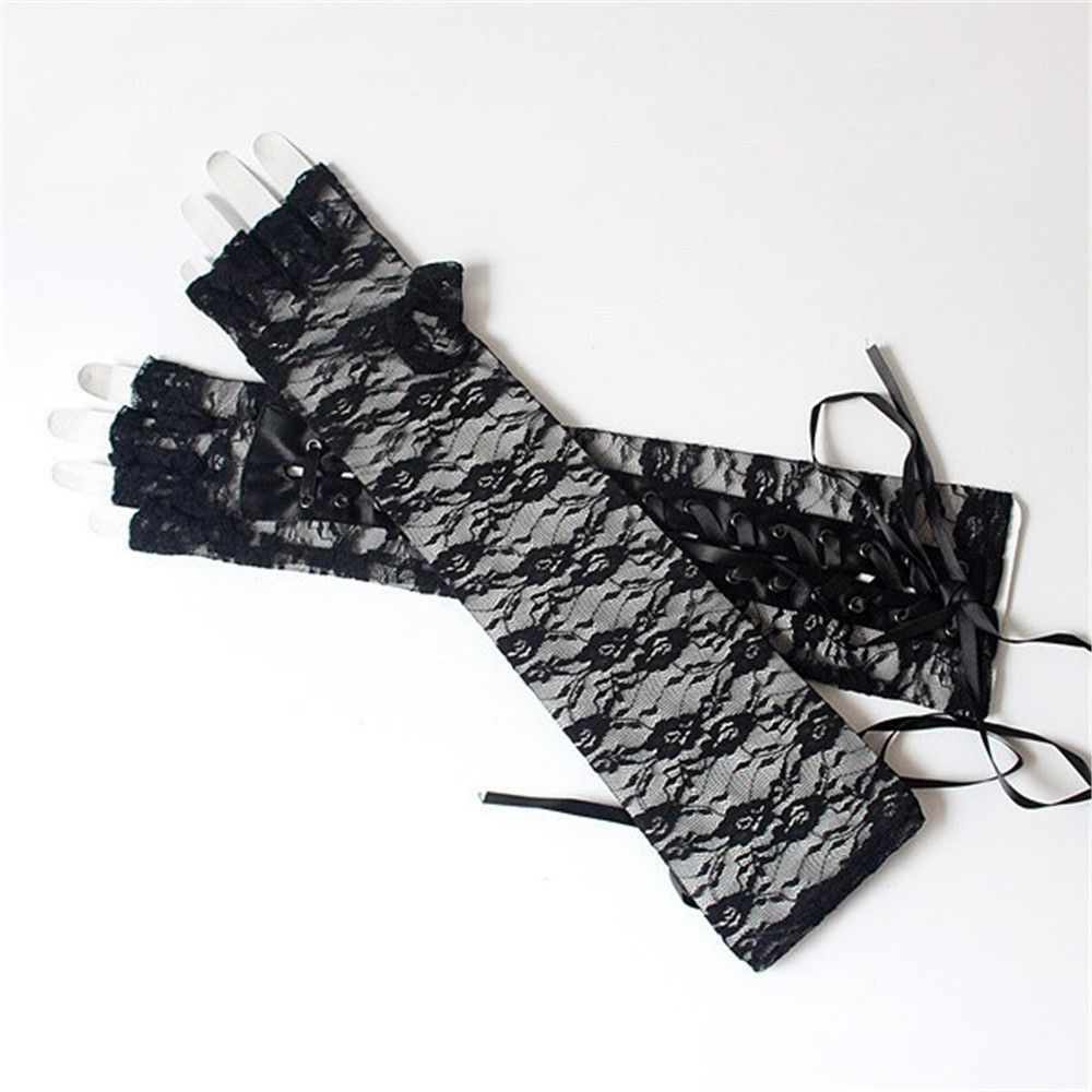 Fashion Ritual Dance Long Fingerless Halloween Gloves Punk Gothic Mittens Silk Ribbon Lace Gloves