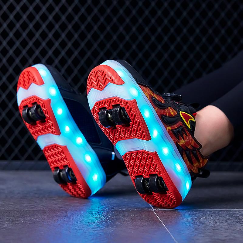 ДЕТСКАЯ четырехколесная зарядная обувь на плоской подошве, обувь со светодиодной лампой, обувь для бегунов, спортивная обувь для катания на роликовых коньках, коньки для девочек