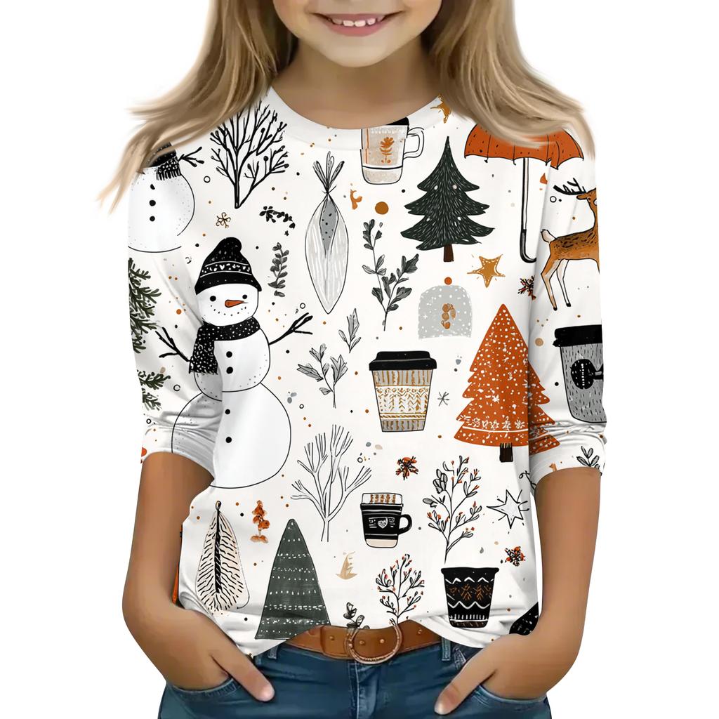 Children's 3/4 Sleeve Round Neck Top Christmas Tree Printed Everyday Casual Top