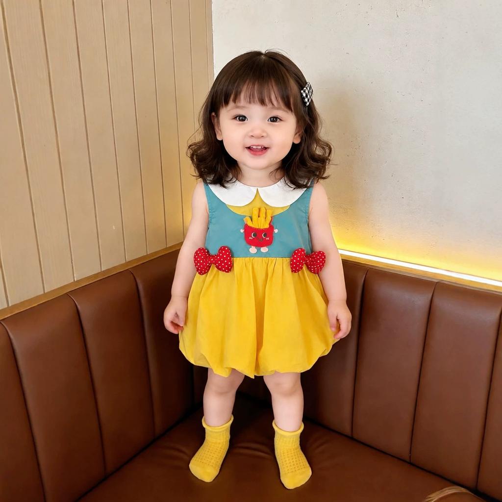 Baby Girls Summer Cute Cartoon Fries Print Peter Pan Collar A-Line Dress