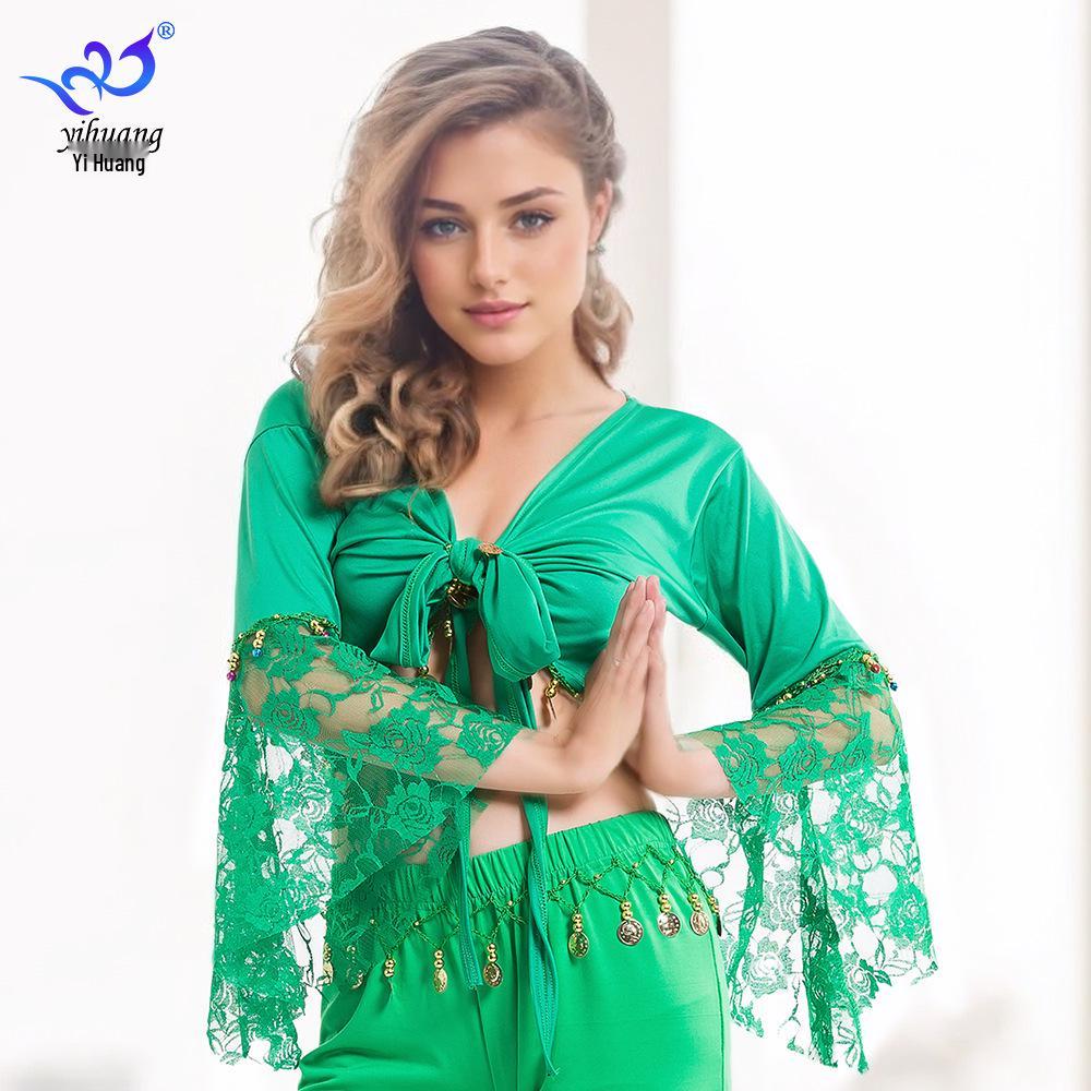 Belly Dance Lace Top with Flared Sleeves and Tassels for Performances