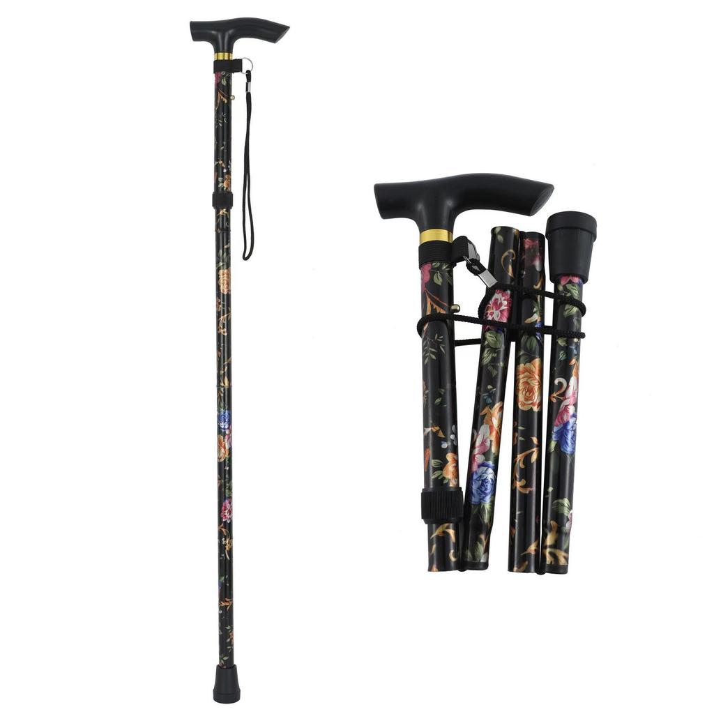 Telescopic Folding Walking Stick for Hiking - Printed Design with Straight Handle for the Elderly.