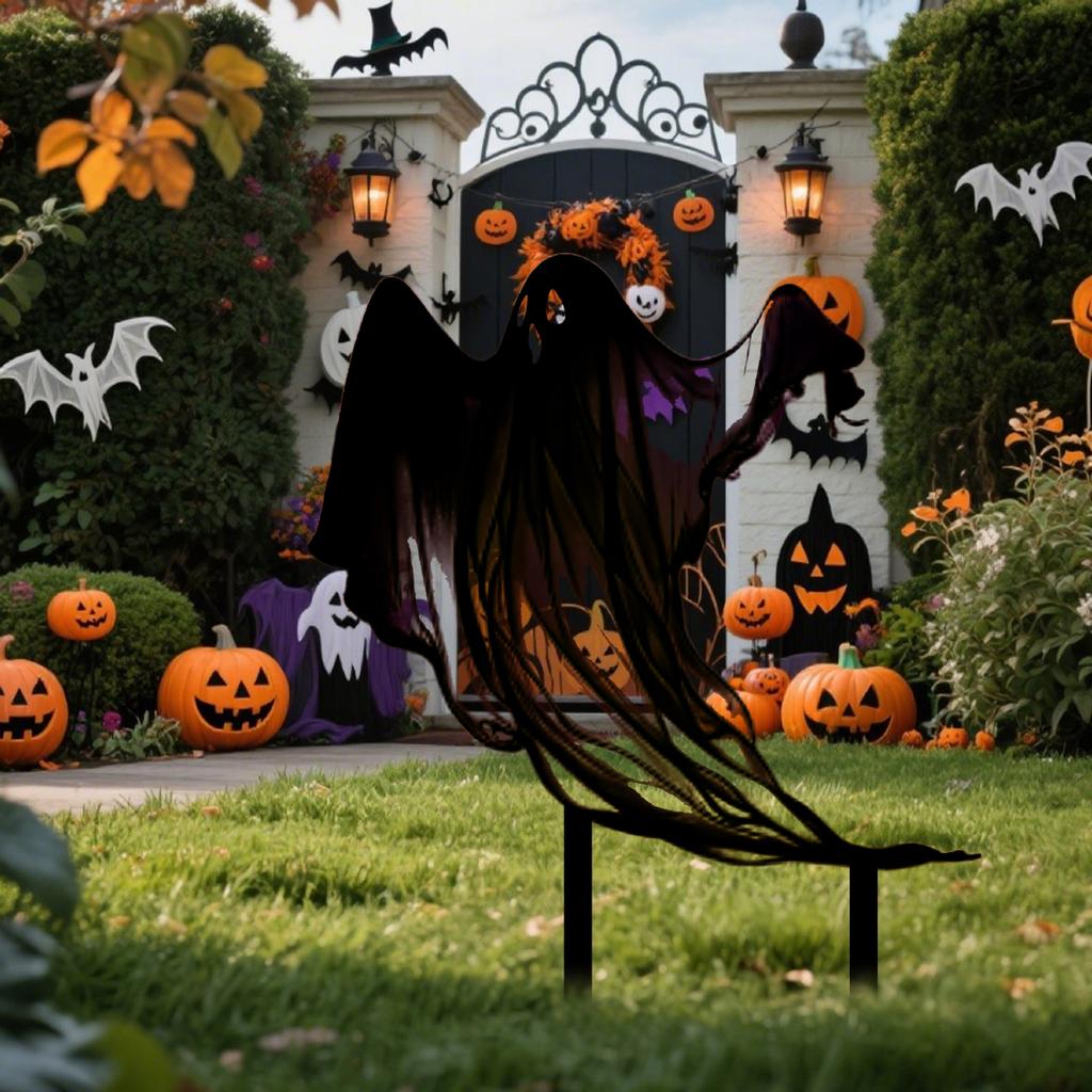 Halloween Plaque Ghostly Insert Patterned Metal Stake Waterproof Metal Holiday Welcome Garden Door Decoration