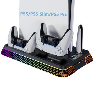 Вертикальная подставка для PS5 Slim PS5 Подставка для зарядки контроллеров PS5 с охлаждением Индикатор одновременной зарядки RGB PS5 Совместима со Slim-версиями