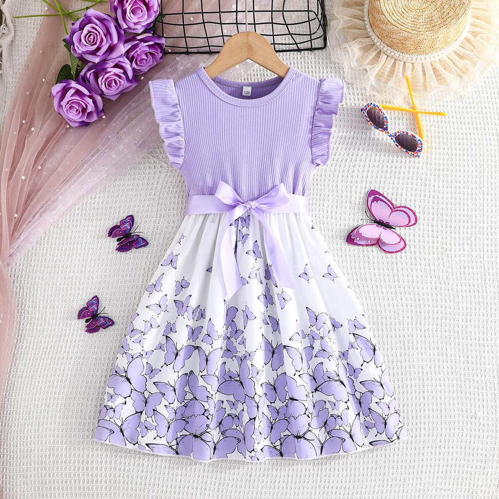 Girls' Butterfly Print Sleeveless Dress + Belt 2025 Summer Children's Fashion Casual Dress